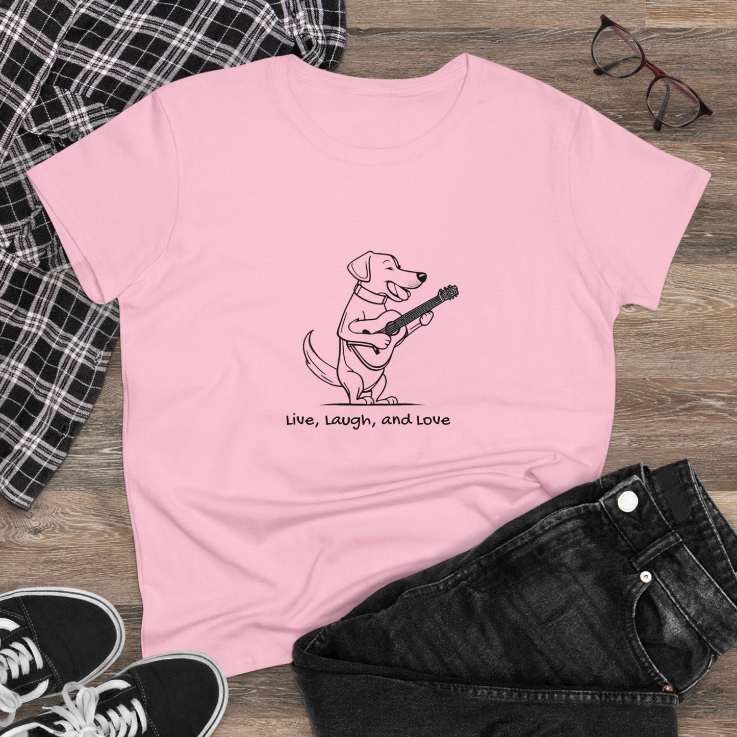 Dog With Guitar. Live, Laugh, and Love. Women's Midweight Cotton Tee