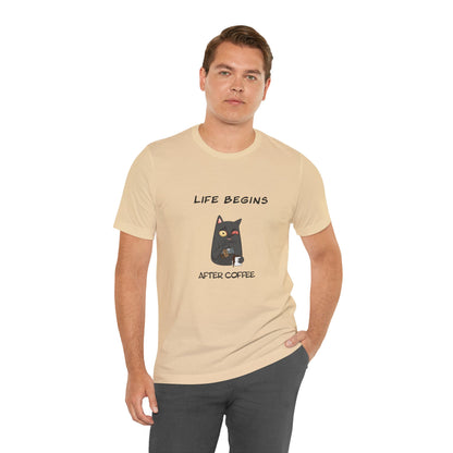Luna The Cat. Life Begins After Coffee. Unisex Jersey Short Sleeve Tee