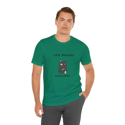 Luna The Cat. Life Begins After Coffee. Unisex Jersey Short Sleeve Tee