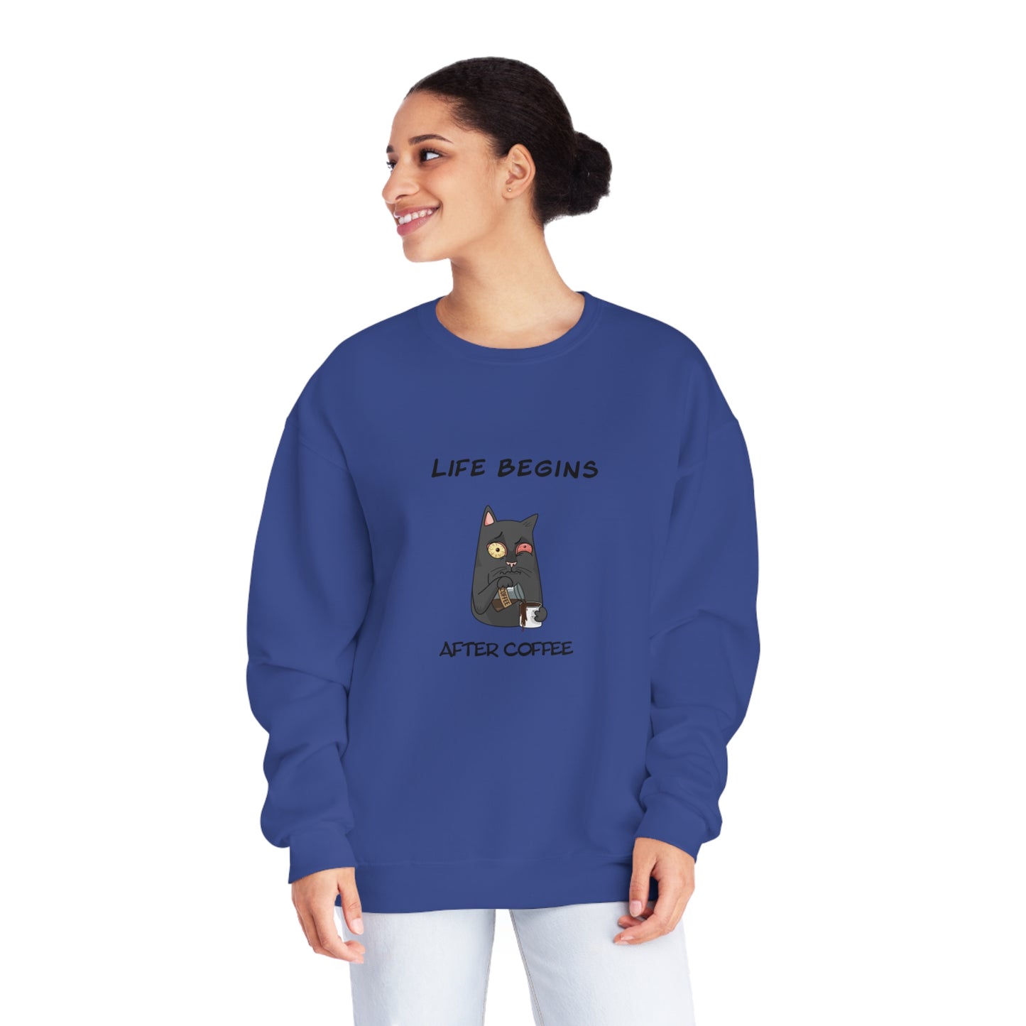 Luna The Cat. Life Begins After Coffee. Unisex NuBlend® Crewneck Sweatshirt