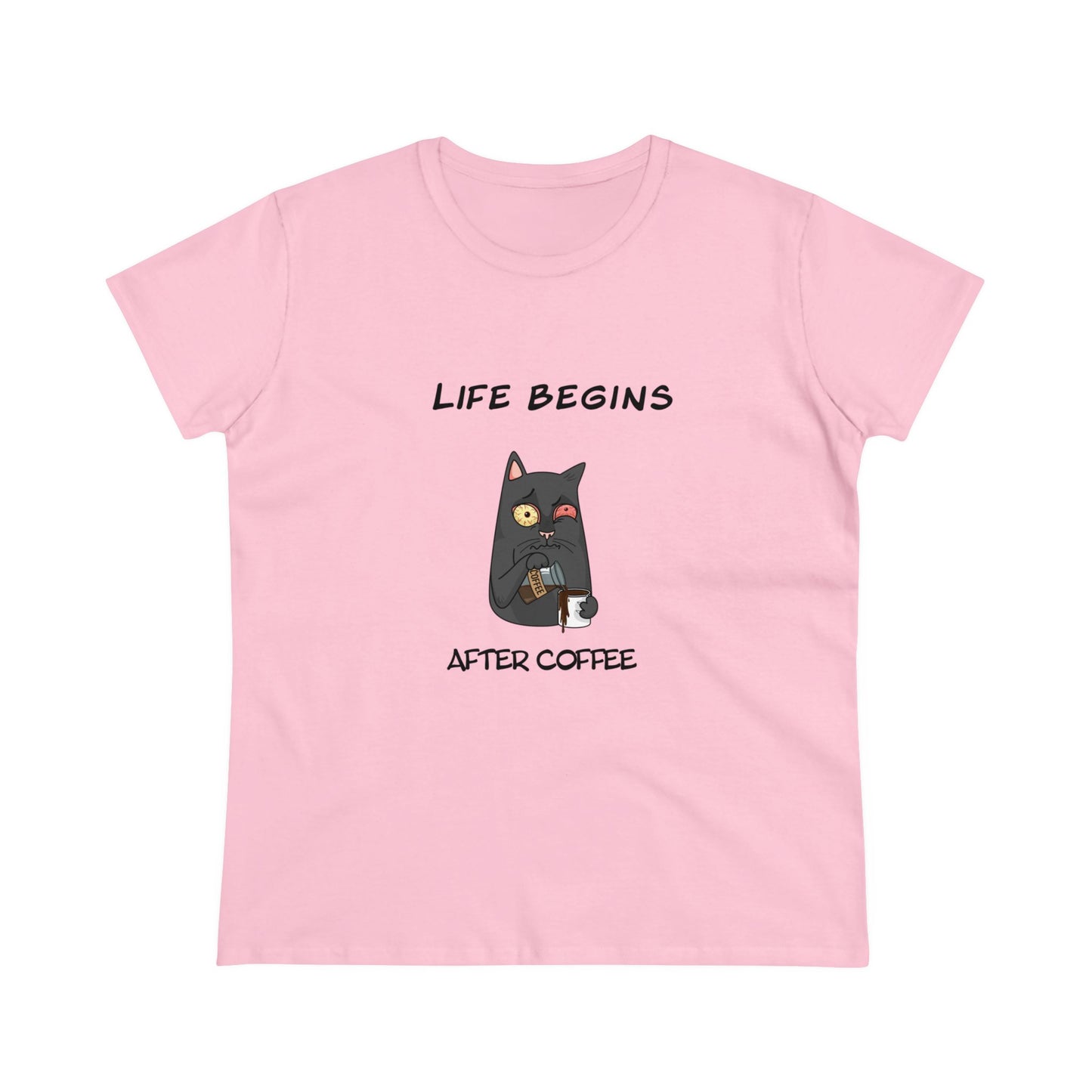 Luna The Cat. Life Begins After Coffee. Women's Midweight Cotton Tee