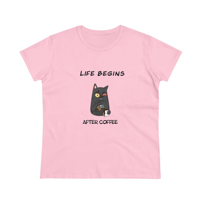 Luna The Cat. Life Begins After Coffee. Women's Midweight Cotton Tee