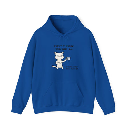 Cat Drinking Coffee To Kick Start The day and Do Things. Unisex Heavy Blend™ Hooded Sweatshirt