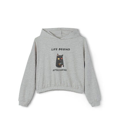 Luna The Cat. Life Begins After Coffee. Women's Cinched Bottom Hoodie
