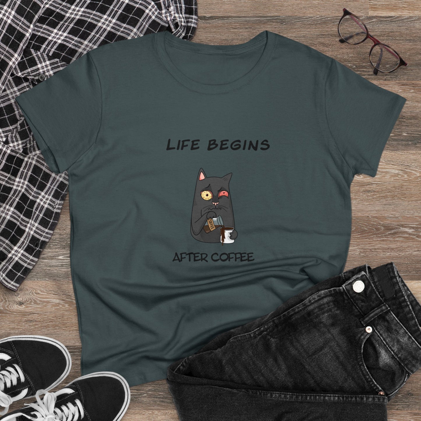 Luna The Cat. Life Begins After Coffee. Women's Midweight Cotton Tee