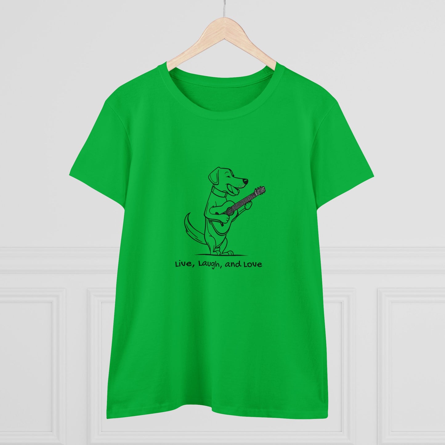 Dog With Guitar. Live, Laugh, and Love. Women's Midweight Cotton Tee