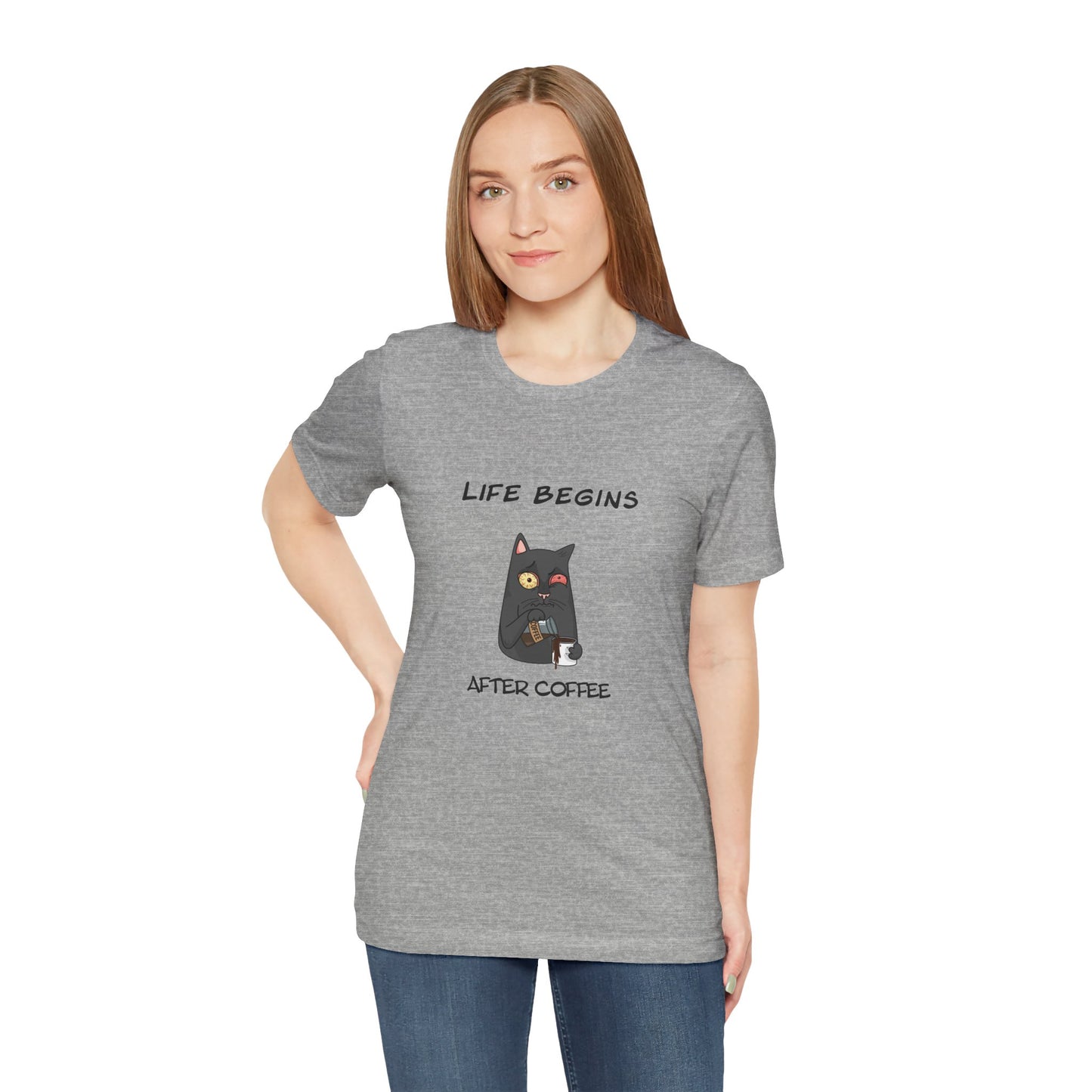 Luna The Cat. Life Begins After Coffee. Unisex Jersey Short Sleeve Tee