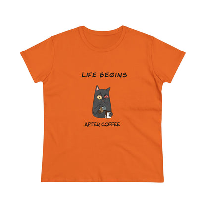 Luna The Cat. Life Begins After Coffee. Women's Midweight Cotton Tee