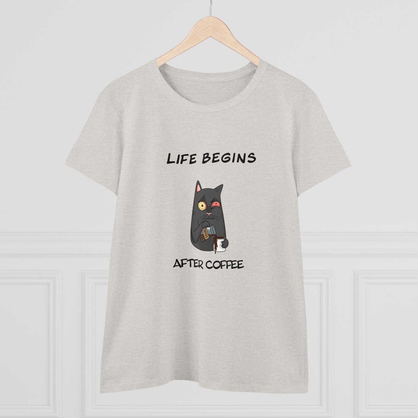 Luna The Cat. Life Begins After Coffee. Women's Midweight Cotton Tee