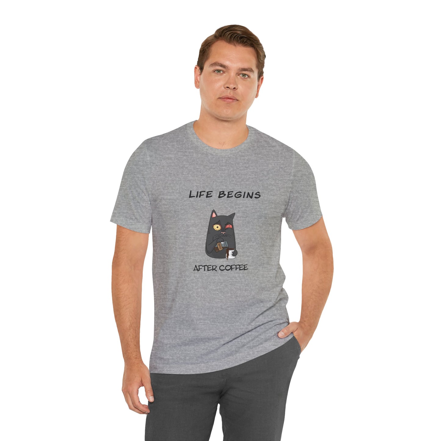 Luna The Cat. Life Begins After Coffee. Unisex Jersey Short Sleeve Tee