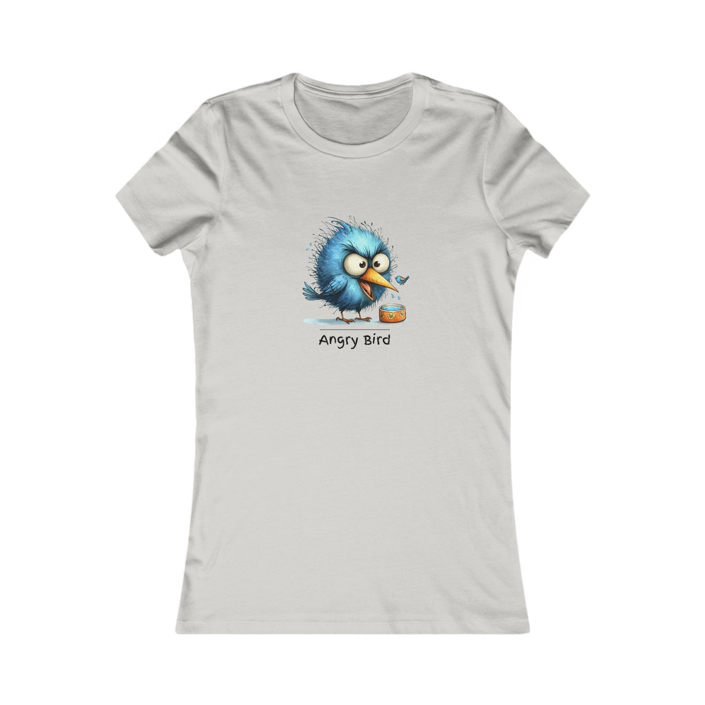 Light gray Printify angry bird t-shirt women with cute blue angry bird graphic on front