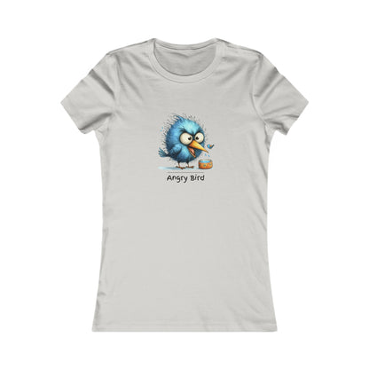 Light gray Printify angry bird t-shirt women with cute blue angry bird graphic on front