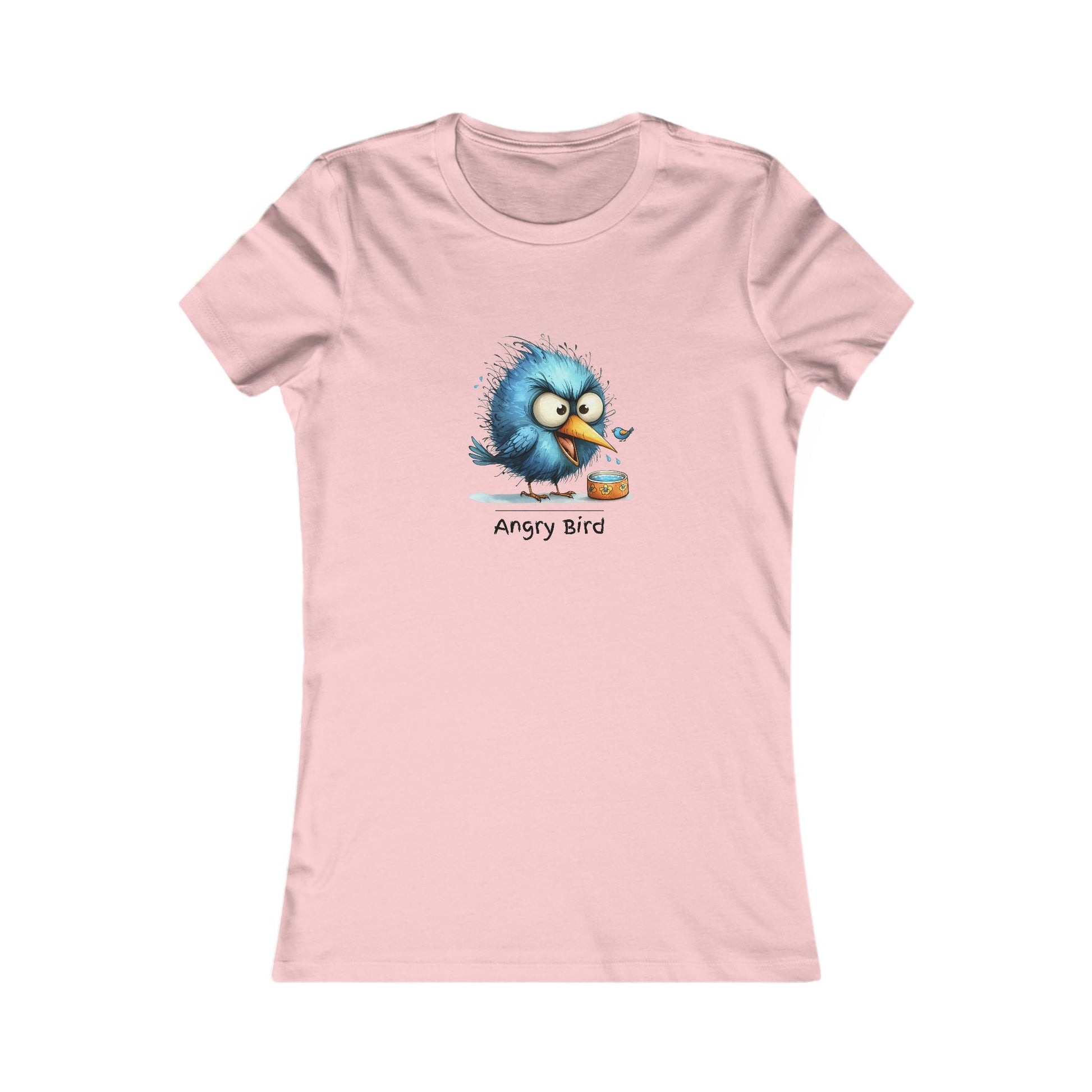 Pink Printify angry bird t‑shirt women with cartoon blue angry bird graphic on front