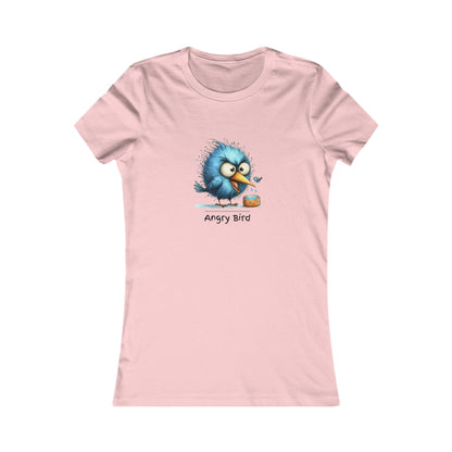 Pink Printify angry bird t‑shirt women with cartoon blue angry bird graphic on front