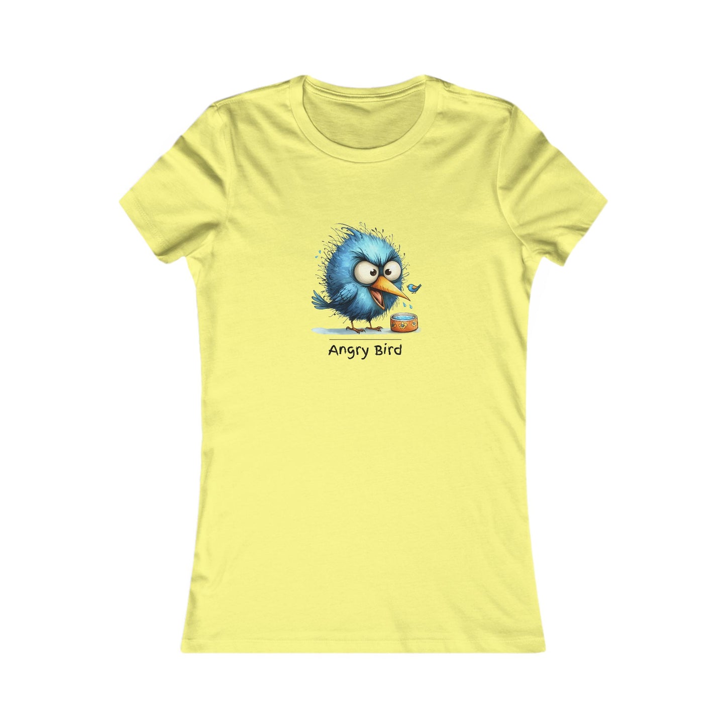 Yellow angry bird t‑shirt women featuring a cute blue angry bird graphic by Printify