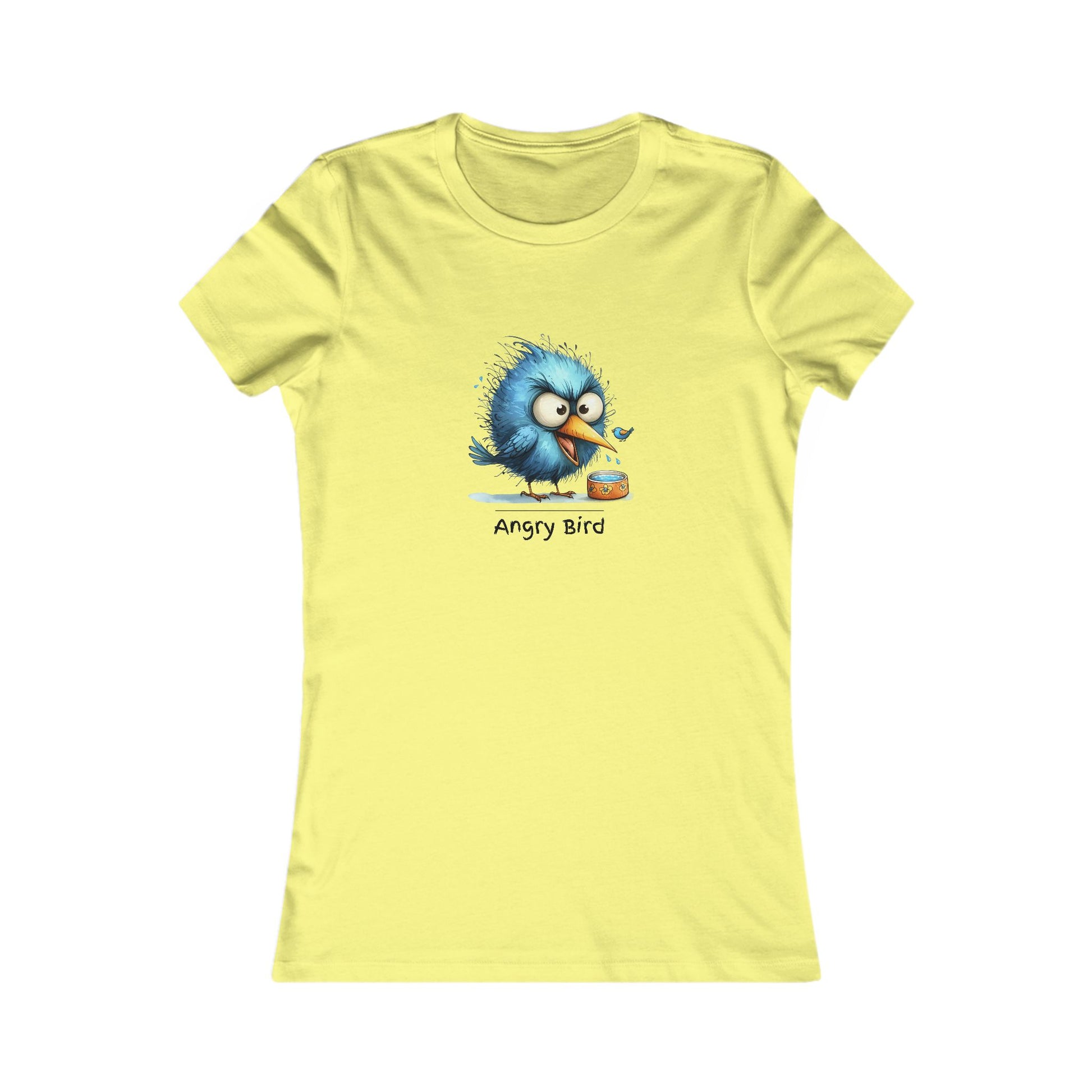 Yellow angry bird t‑shirt women featuring a cute blue angry bird graphic by Printify