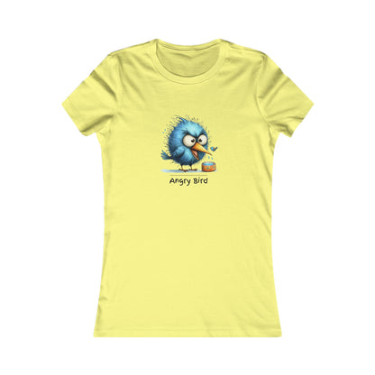Yellow angry bird t‑shirt women featuring a cute blue angry bird graphic by Printify