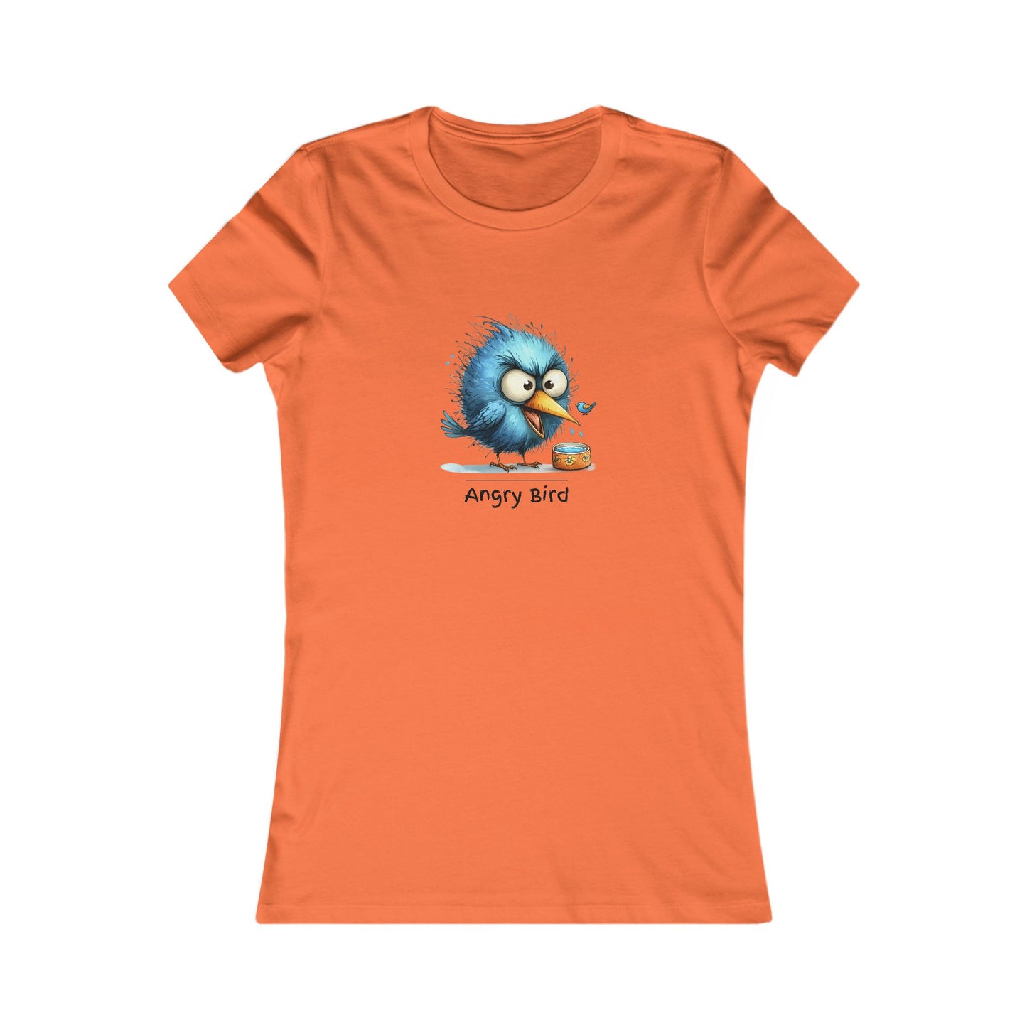 Orange Printify angry bird t‑shirt women with blue angry bird graphic on front