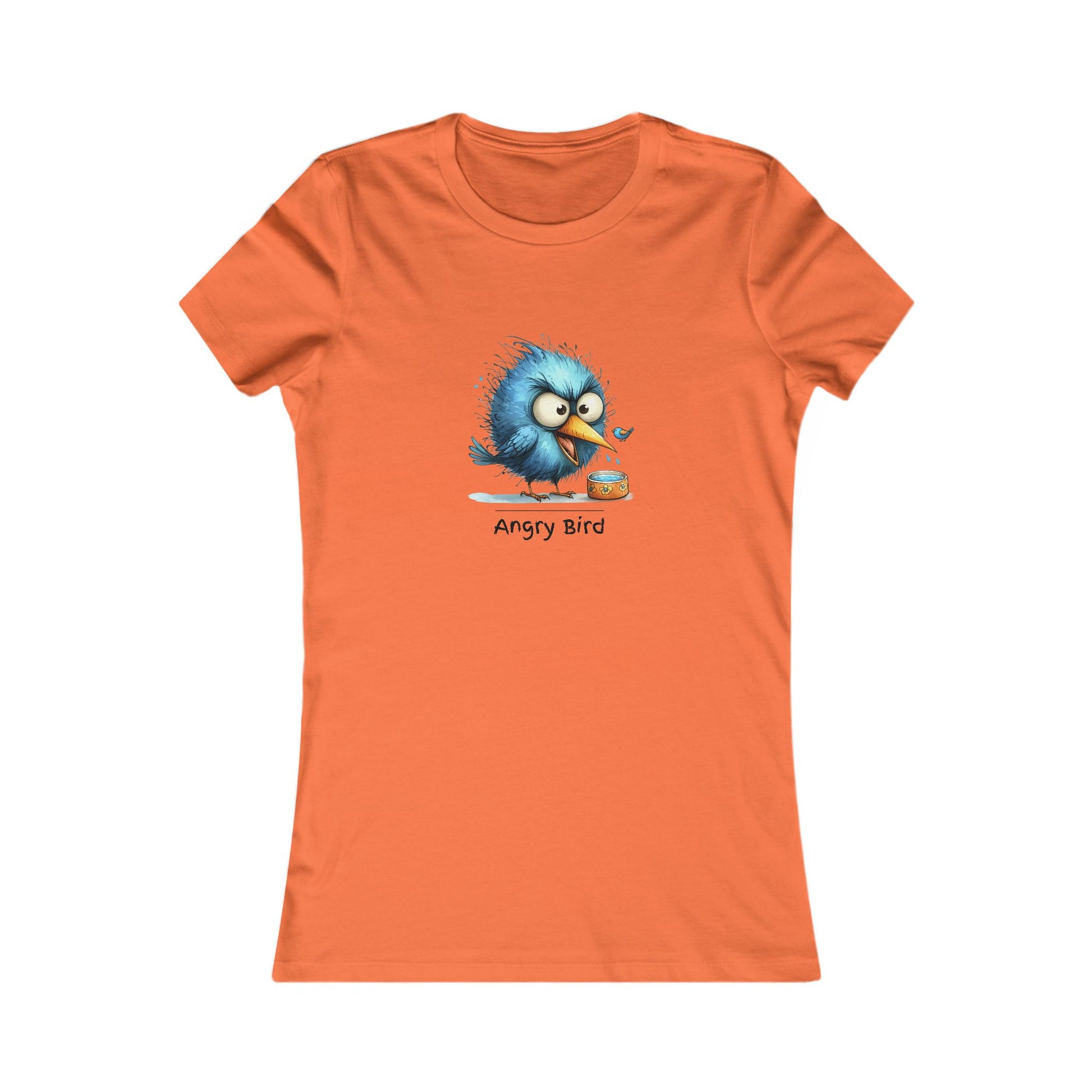 Orange Printify angry bird t‑shirt women with blue angry bird graphic on front