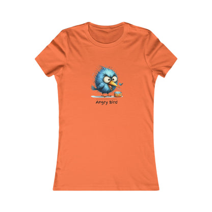 Orange Printify angry bird t‑shirt women with blue angry bird graphic on front
