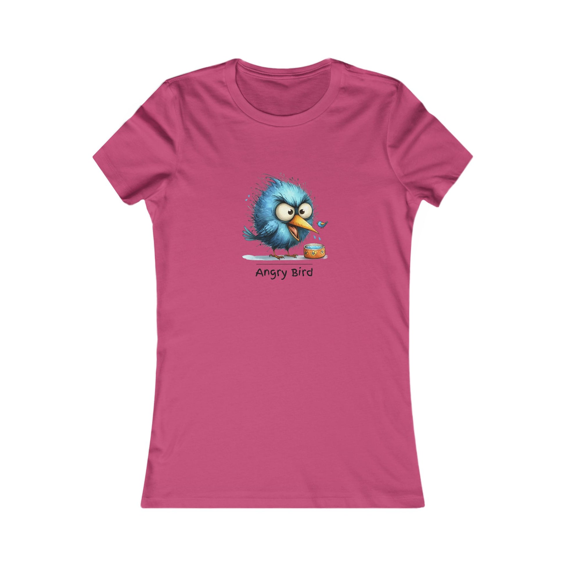 Pink Printify angry bird t‑shirt women with blue angry bird graphic and text design