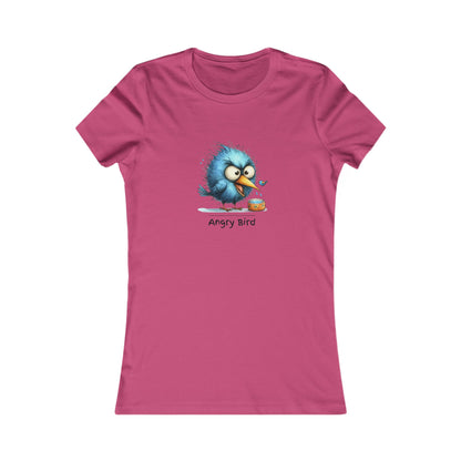 Pink Printify angry bird t‑shirt women with blue angry bird graphic and text design