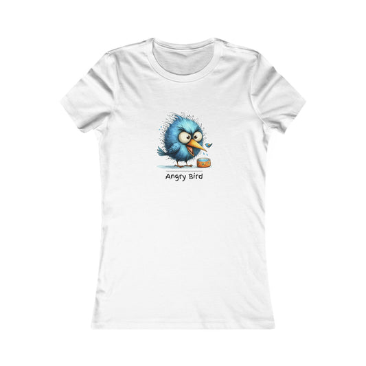 White angry bird t‑shirt women featuring a blue cartoon angry bird holding a paintbrush