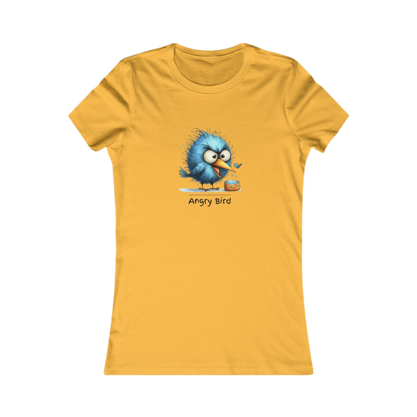 Yellow angry bird t‑shirt women with a cute blue angry bird graphic and Printify branding