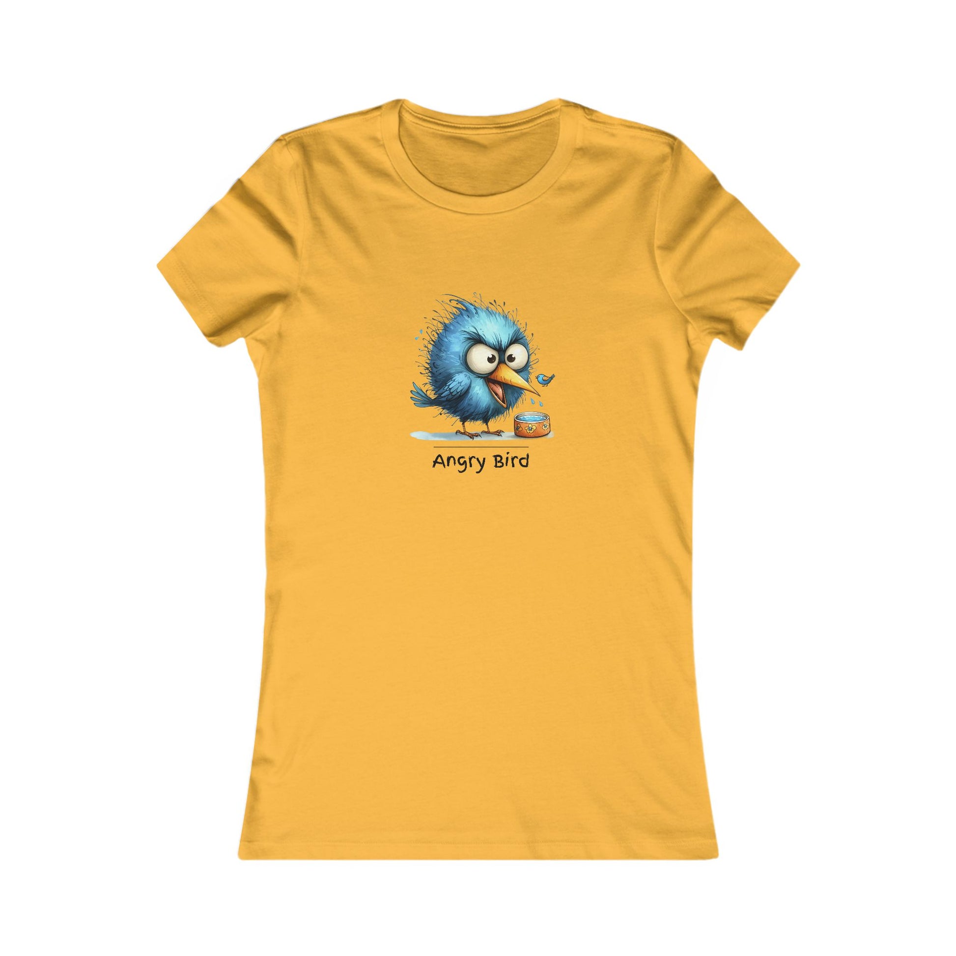 Yellow angry bird t‑shirt women with a cute blue angry bird graphic and Printify branding