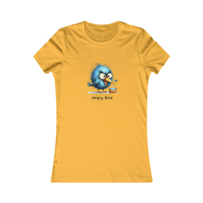 Yellow angry bird t‑shirt women with a cute blue angry bird graphic and Printify branding