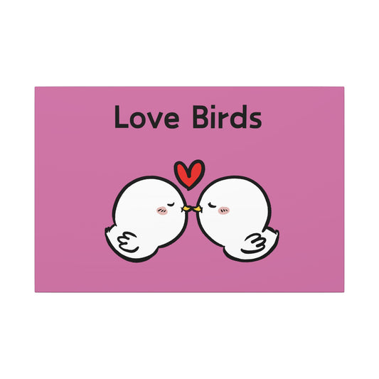 Animal canvas prints featuring cute love birds kissing with heart on pink background