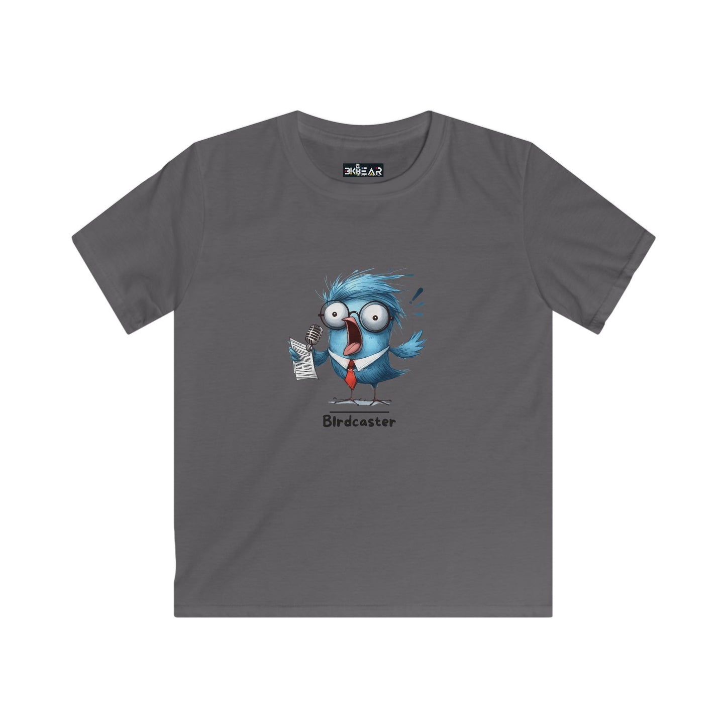Gray Printify kids animal graphic tee for kids featuring a cartoon blue bird with glasses and a newspaper