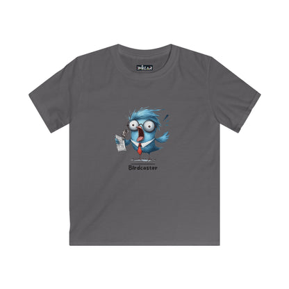 Gray Printify kids animal graphic tee for kids featuring a cartoon blue bird with glasses and a newspaper