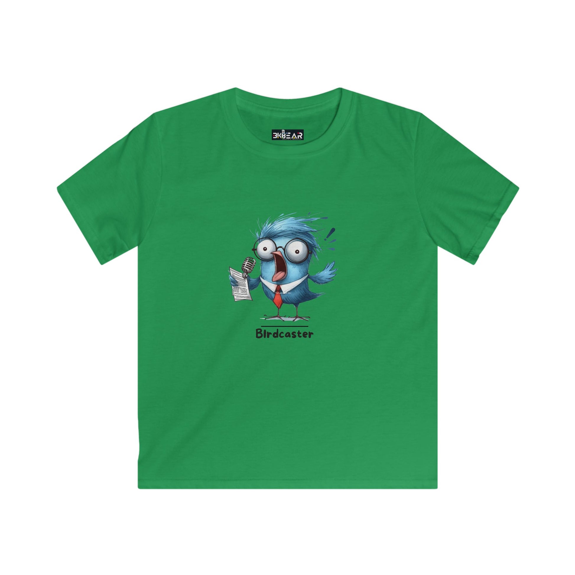 Green animal graphic tee for kids featuring a cartoon blue bird with glasses holding a music note
