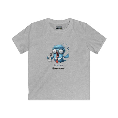 Gray kids animal graphic tee for kids featuring a blue cartoon bird with glasses and a red tie