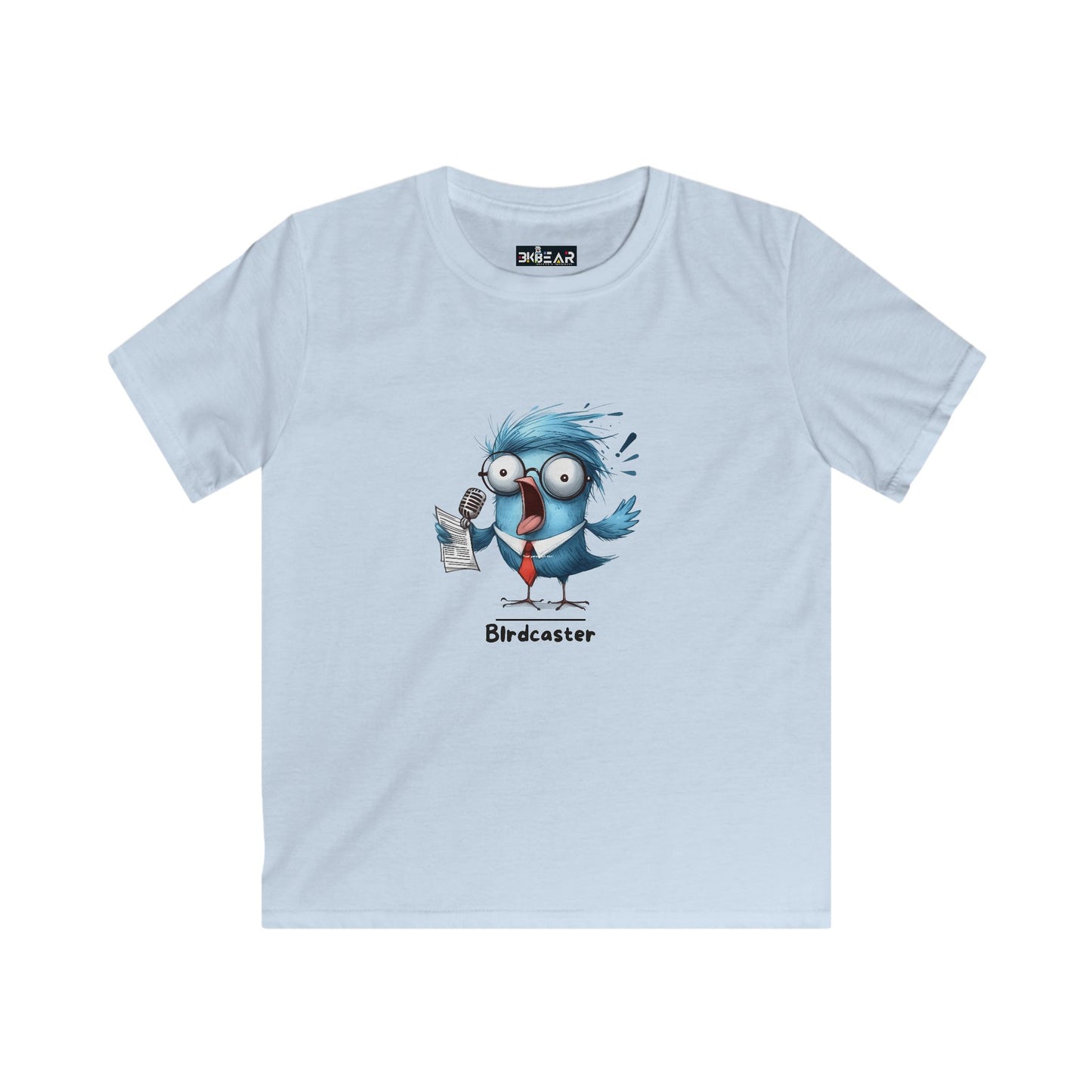 Light blue animal graphic tee for kids featuring a cartoon bird holding a newspaper print