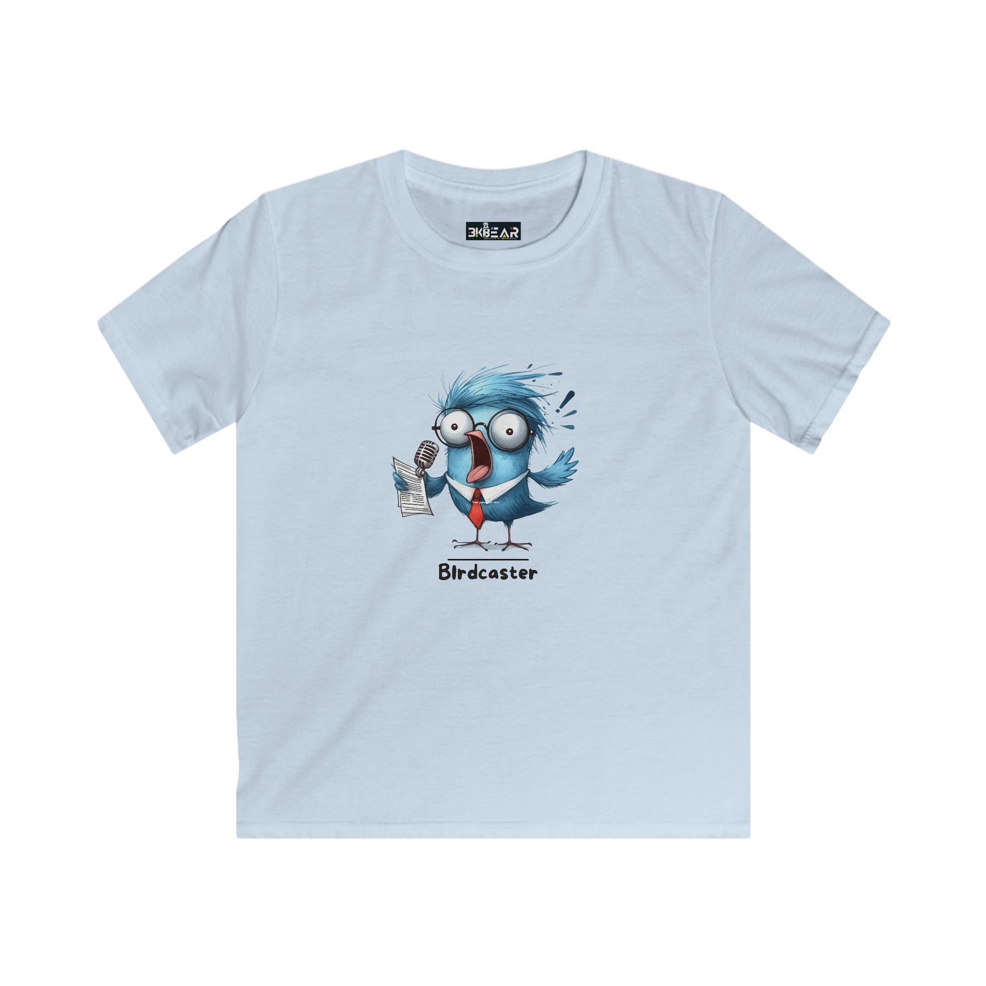 Light blue animal graphic tee for kids featuring a cartoon bird holding a newspaper print