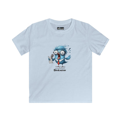 Light blue animal graphic tee for kids featuring a cartoon bird holding a newspaper print