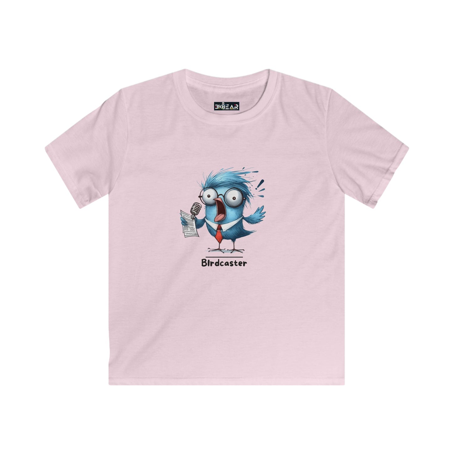 Pink kids animal graphic tee for kids featuring a cartoon blue bird holding a newspaper