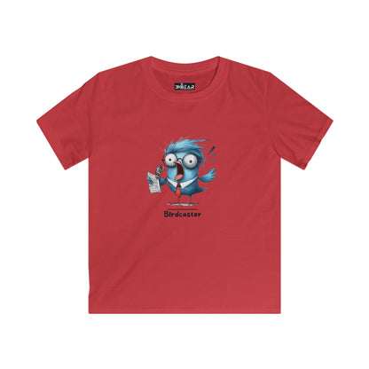 Red kids animal graphic tee for kids featuring a blue cartoon bird holding a newspaper print