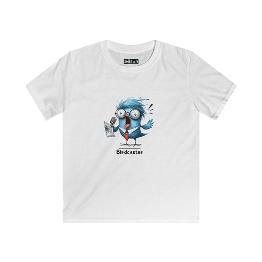 White animal graphic tee for kids featuring a blue cartoon bird holding a phone by Printify