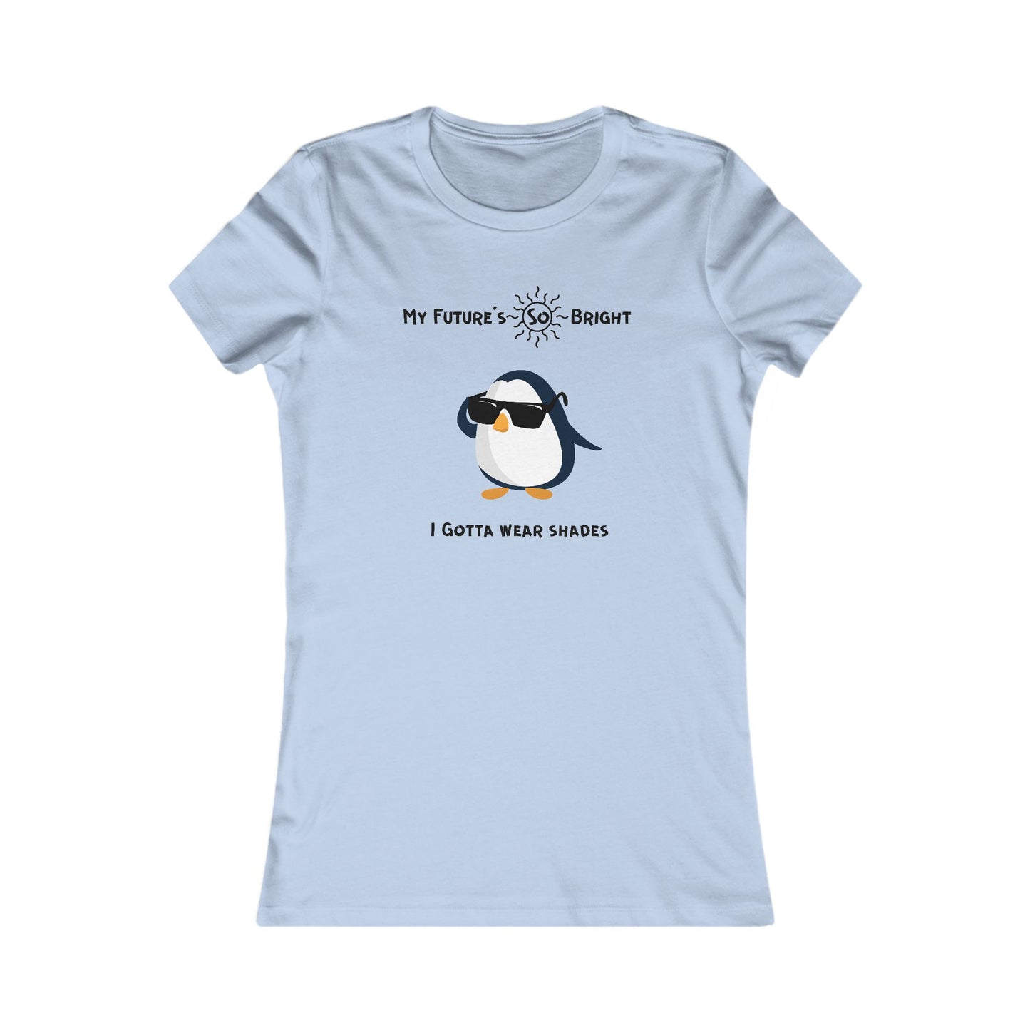 Light blue animal sunglasses shirt featuring a penguin wearing sunglasses with bright future text