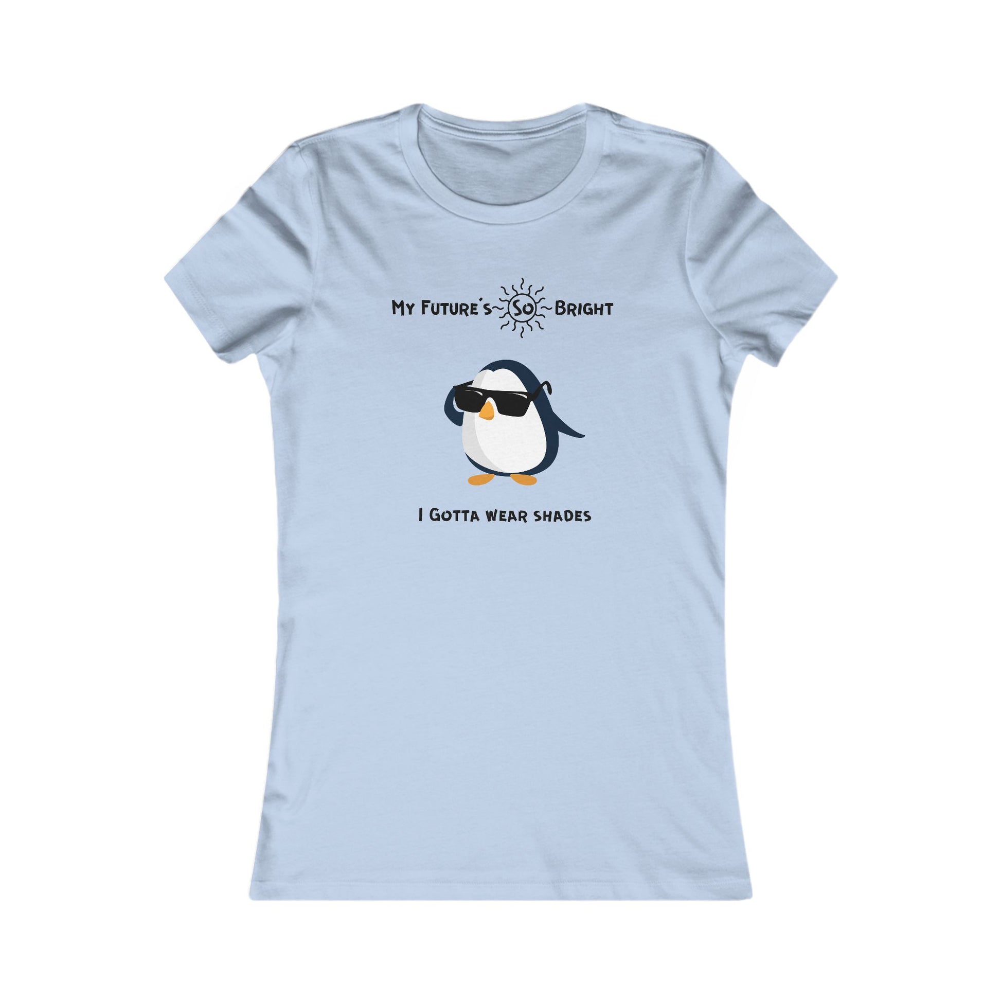 Light blue animal sunglasses shirt featuring a penguin wearing sunglasses with bright future text