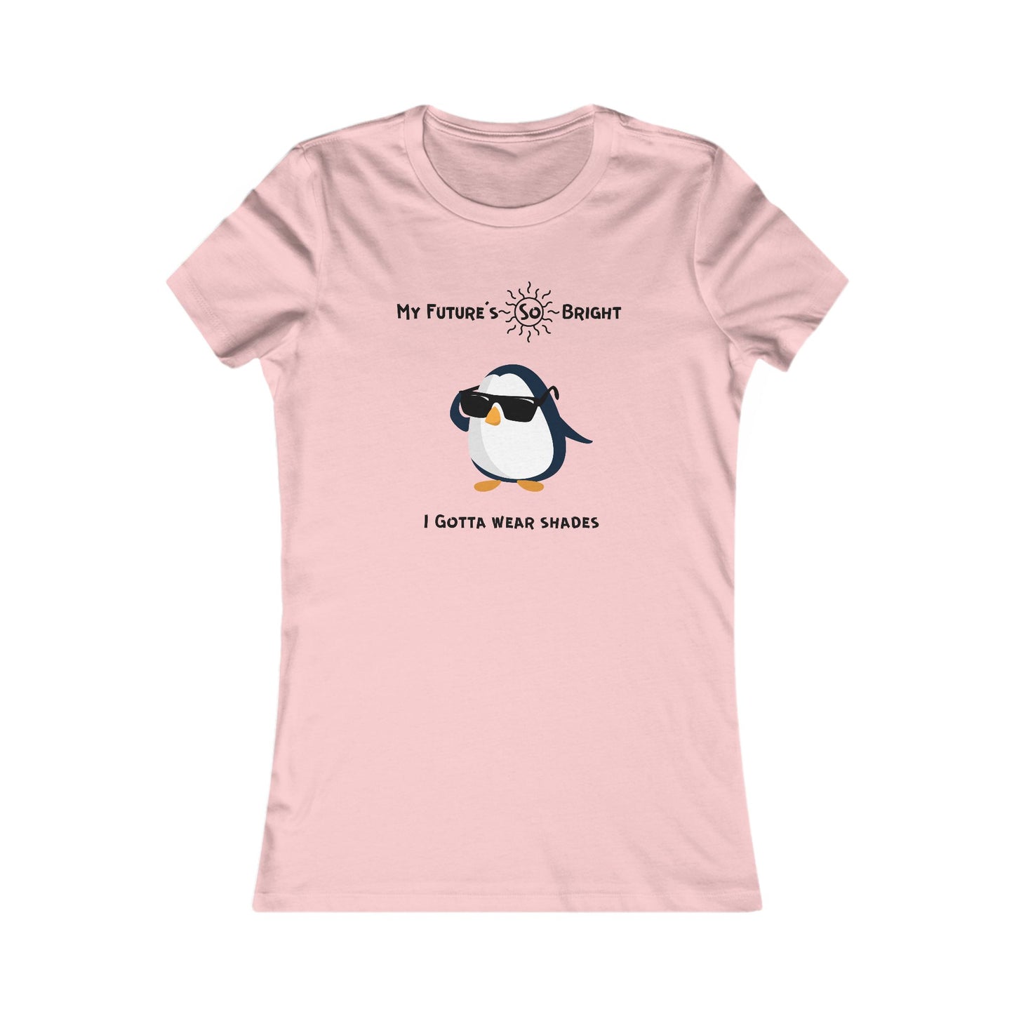 Pink animal sunglasses shirt featuring a penguin wearing shades with sun and bright future text