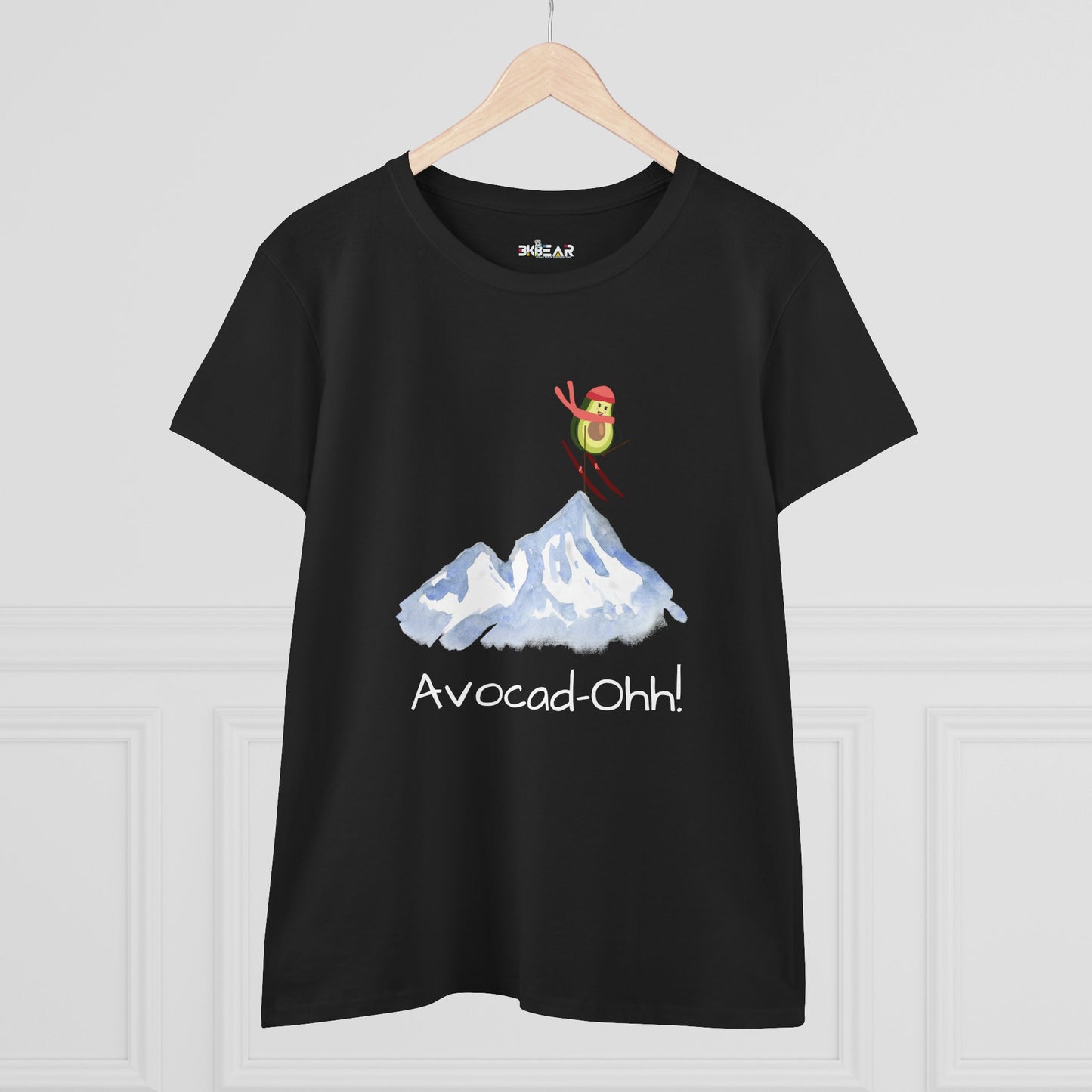 Black avocado graphic tee women with skiing avocado and mountain design on front