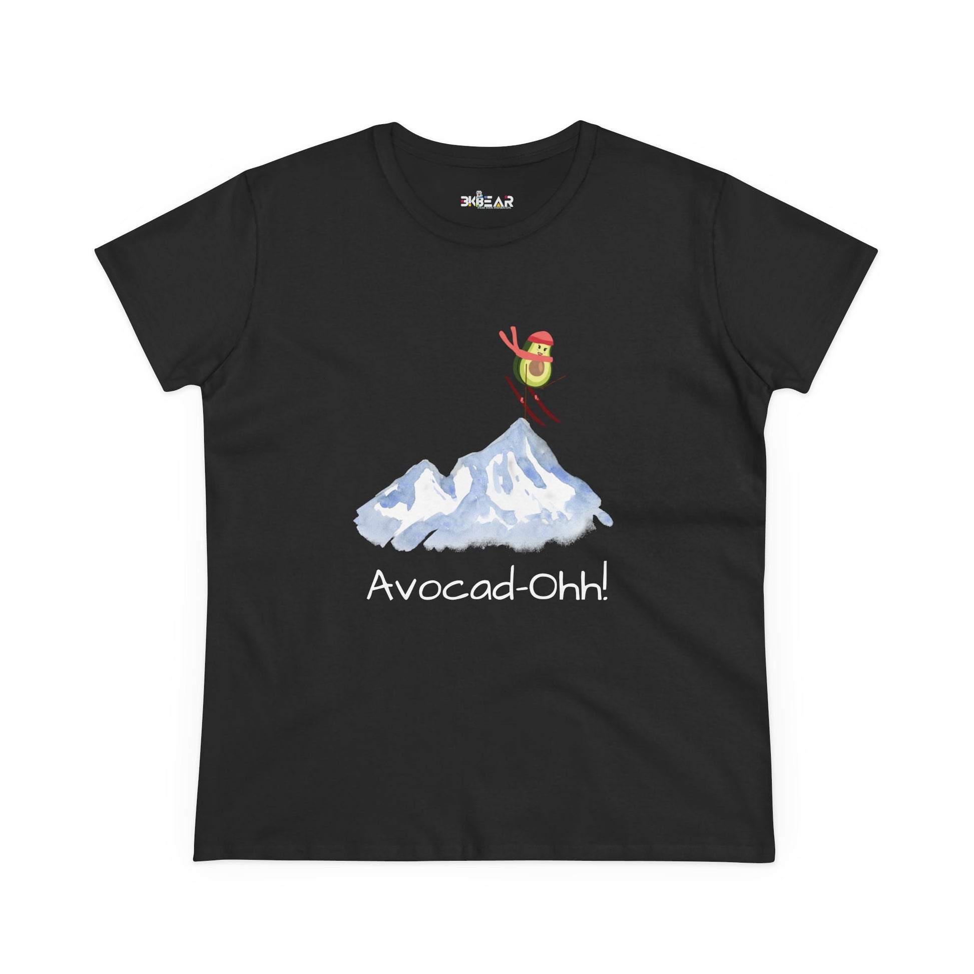 Black avocado graphic tee women with skiing avocado and mountain design by Printify
