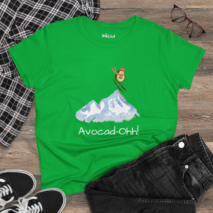 Bright green avocado graphic tee women with a skiing avocado illustration and Avocad-Ohh text