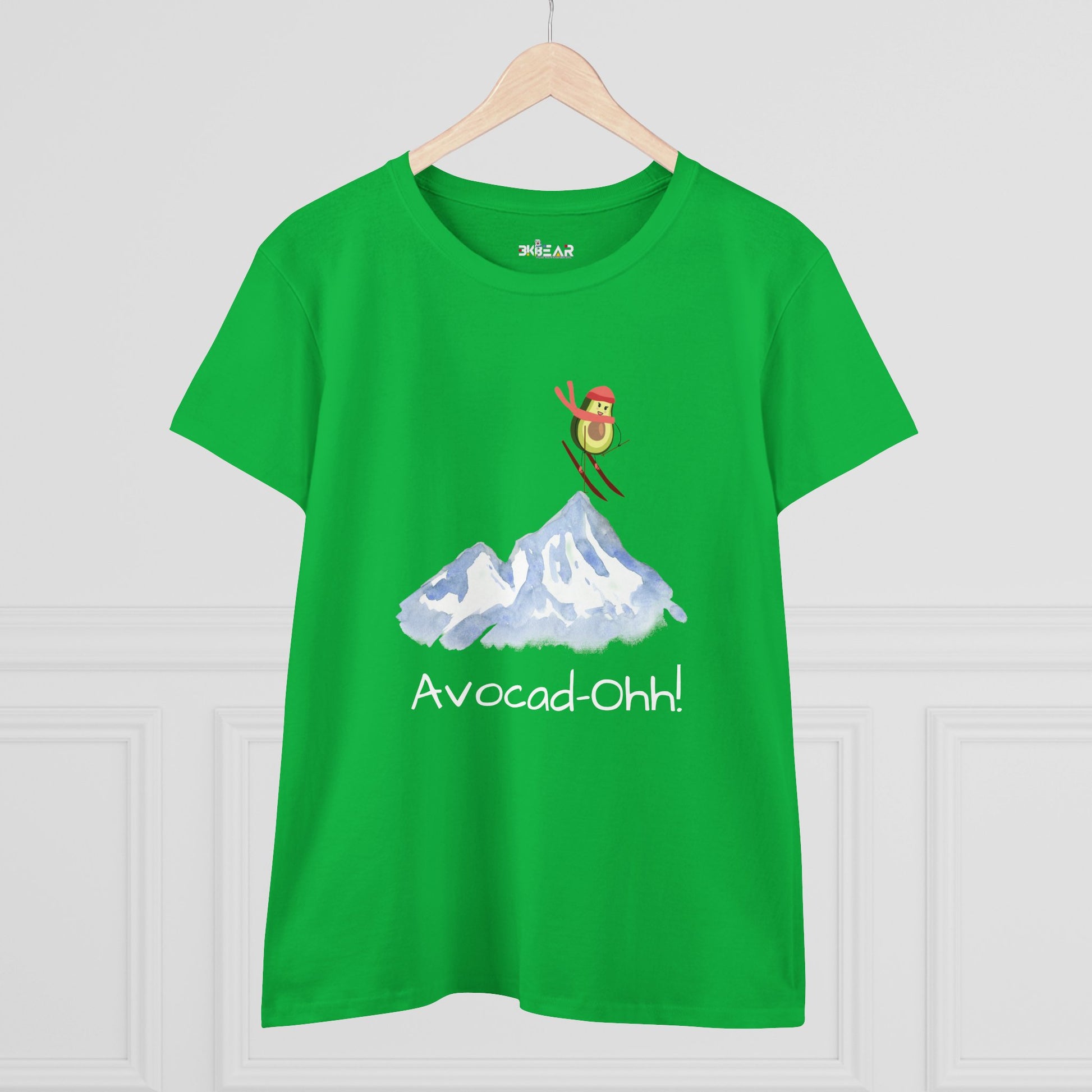 Green Printify avocado graphic tee women with skiing avocado and mountain design
