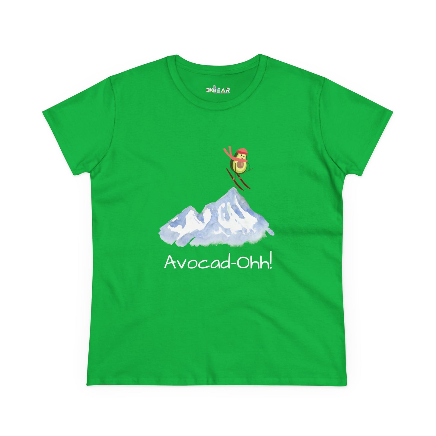 Green avocado graphic tee women with skiing avocado and mountain design by Printify