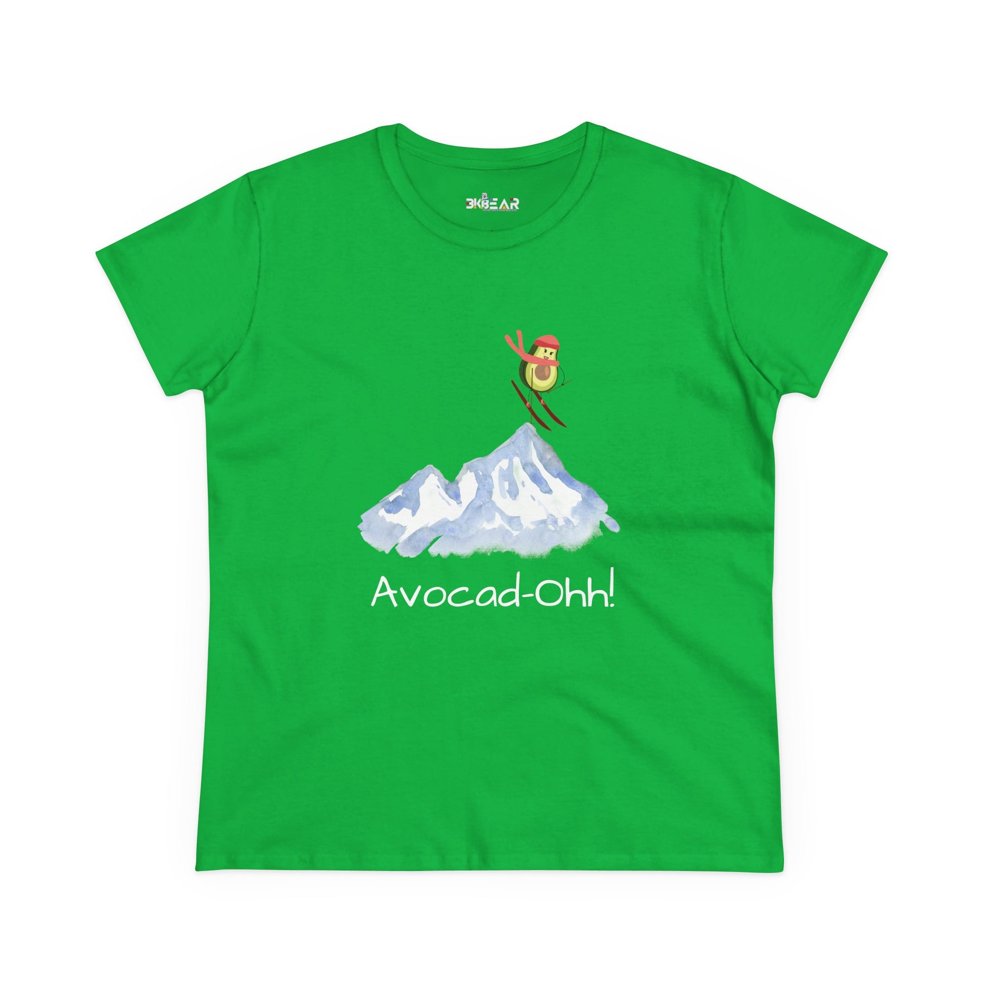 Green avocado graphic tee women with skiing avocado and mountain design by Printify